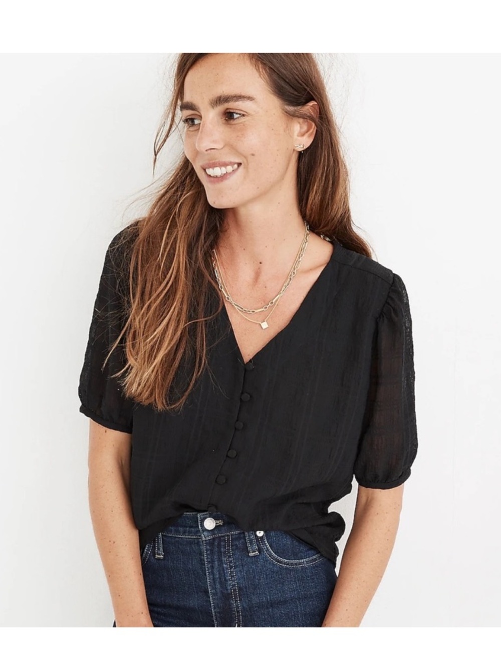 Madewell Black Button-Front V-Neck Puff Sleeve Blouse